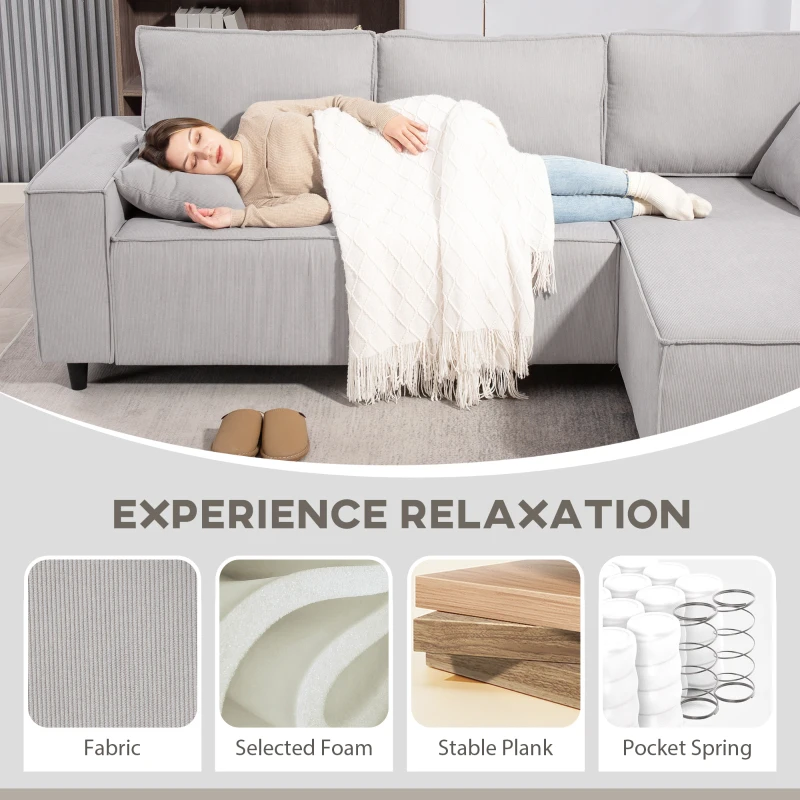HOMCOM Corner Sofa with Reversible Chaise Lounge, Corduroy L-Shaped Sectional Sofa with Pocket Spring, Light Gray(m-5)