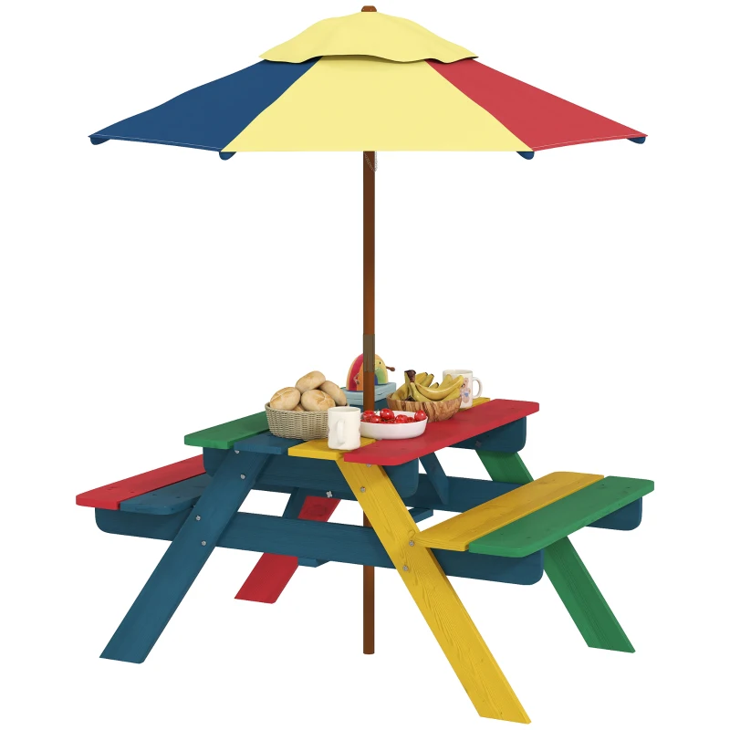 Outsunny Wooden Kids Picnic Table Bench Set with Removable Umbrella for Backyard, Garden, 3-6 Years Old