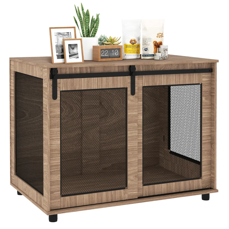 PawHut 39" Dog Crate Furniture, Dog Kennel Furniture End Table with Sliding Barn Door for Large Dogs, Walnut Brown