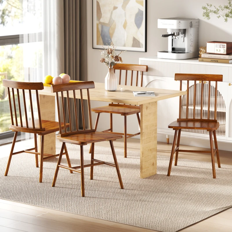 HOMCOM Dining Chairs Set of 4, Farmhouse Wood Kitchen Chairs with Rubber Wood Frame, Spindle Back for Dining Room, Light Brown