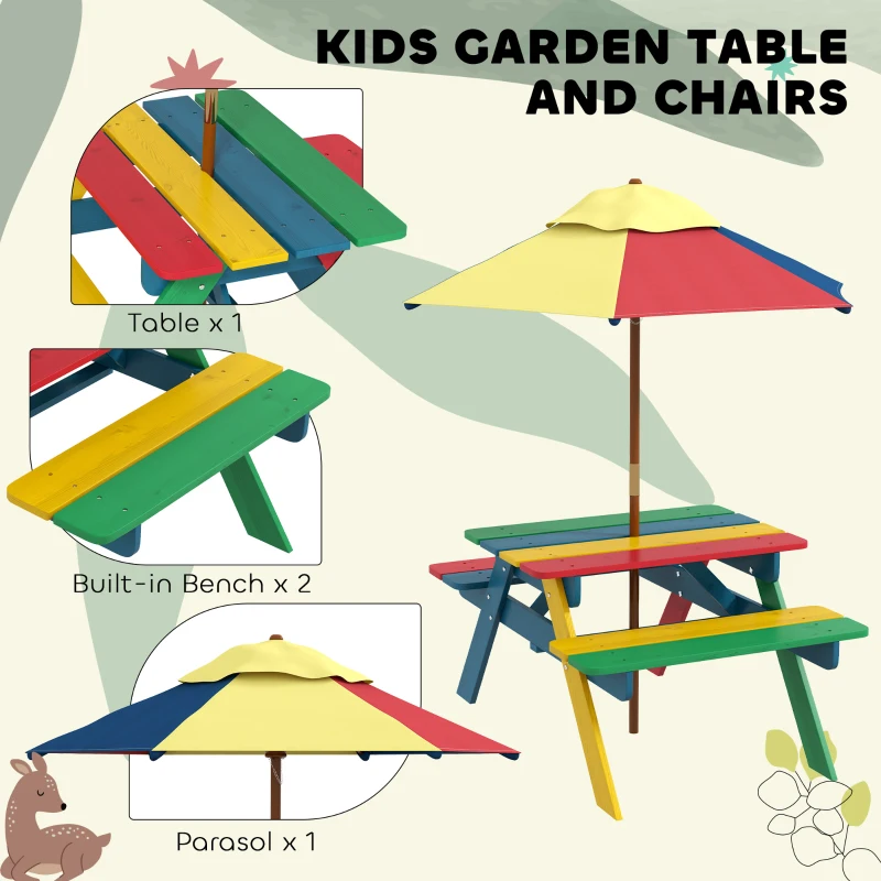 Outsunny Wooden Kids Picnic Table Bench Set with Removable Umbrella for Backyard, Garden, 3-6 Years Old