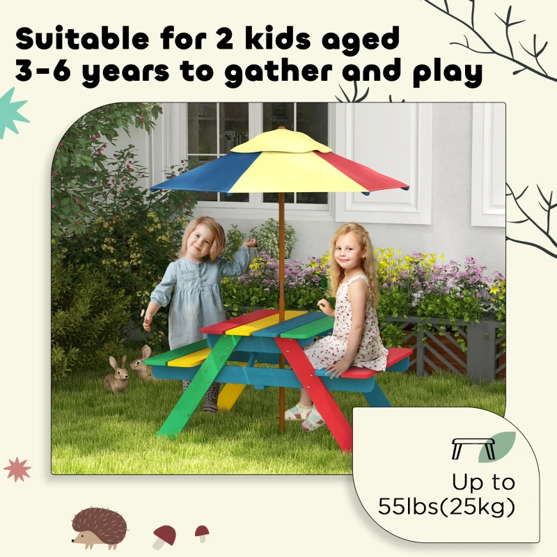 Outsunny Wooden Kids Picnic Table Bench Set with Removable Umbrella for Backyard, Garden, 3-6 Years Old