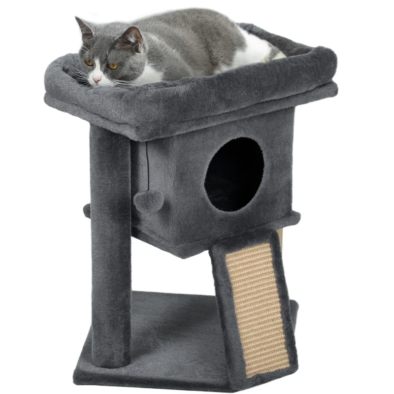 PawHut Cat Tree, Small Cat Tower with Perch, Scratching Post, Cat Condo, Toy Ball for Kitty, Indoor Use, Dark Grey