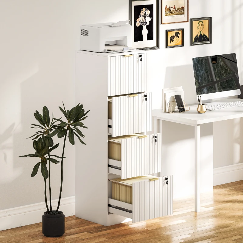 HOMCOM Lockable Filing Cabinet with 4 Fluted Drawers, File Cabinet with Adjustable Hanging Rails for A4 Letter Files, White