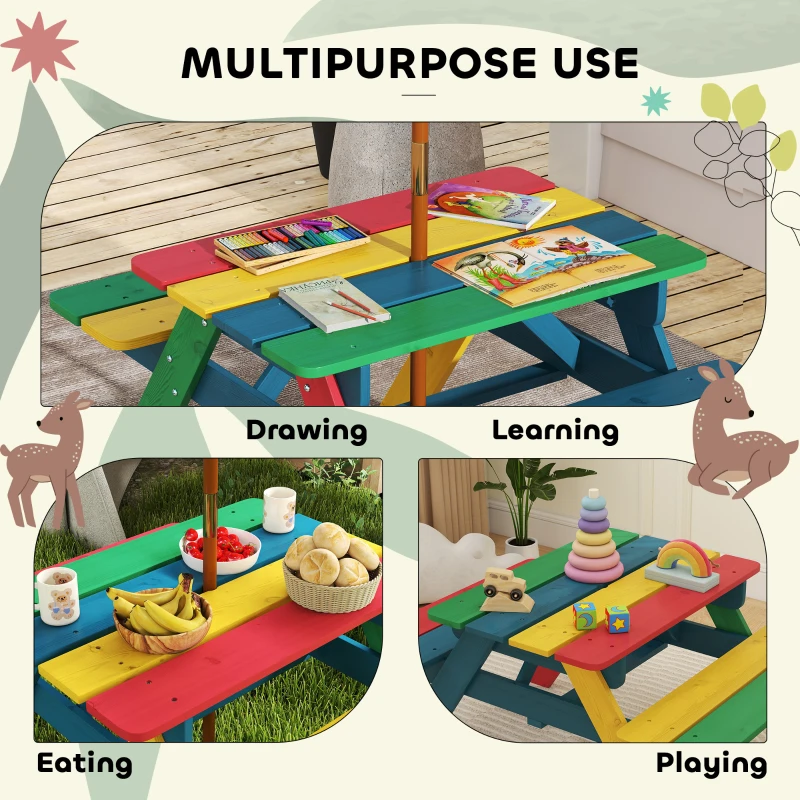Outsunny Wooden Kids Picnic Table Bench Set with Removable Umbrella for Backyard, Garden, 3-6 Years Old