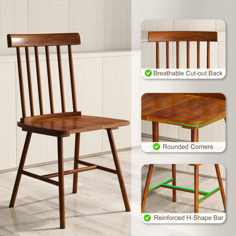 HOMCOM Dining Chairs Set of 4, Farmhouse Wood Kitchen Chairs with Rubber Wood Frame, Spindle Back for Dining Room, Light Brown