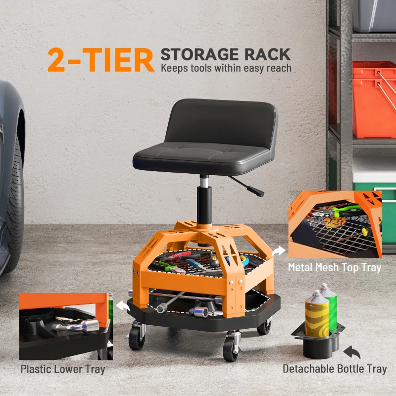 HOMCOM Rolling Creeper Garage Stool, 300 LBS Capacity Mechanic Stool with 360° Wheels, Tool Tray, Adjustable Height, Yellow