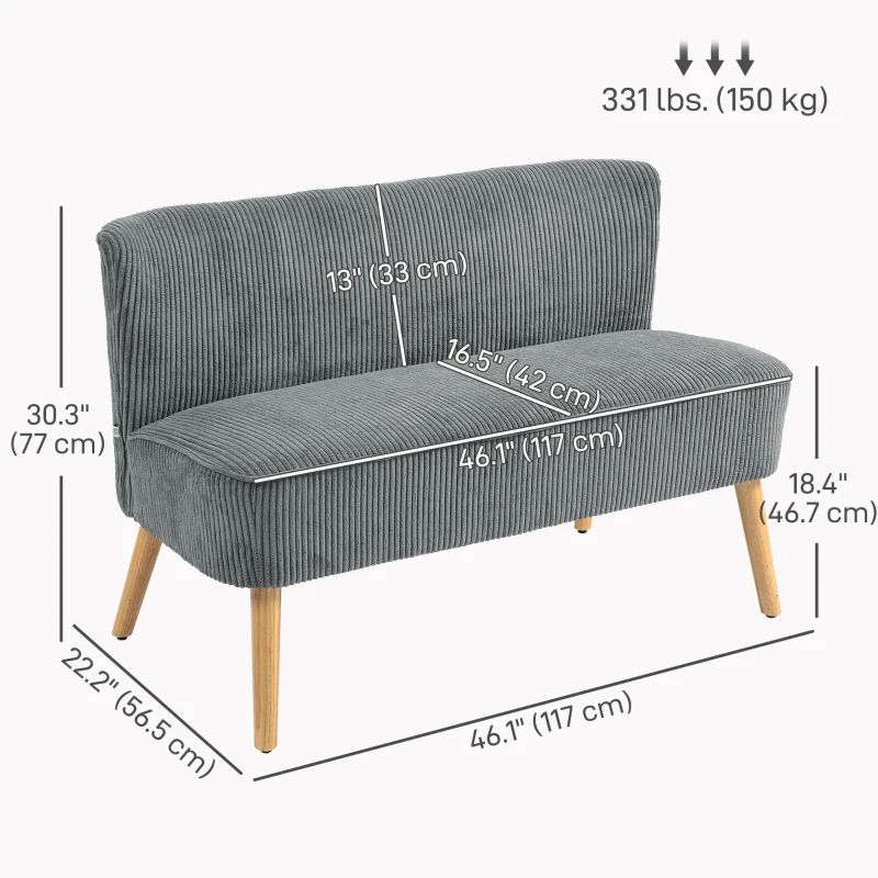 HOMCOM Modern 2 Seater Sofa, Upholstered Two Seater Couch with Rubber Wood Legs, Grey