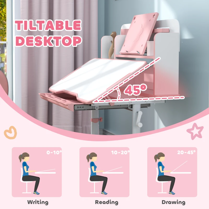 Qaba Height Adjustable Kids Desk and Chair Set for Writing Drawing w/ Tilt Desktop, Storage Drawer and Reading Rack, Pink