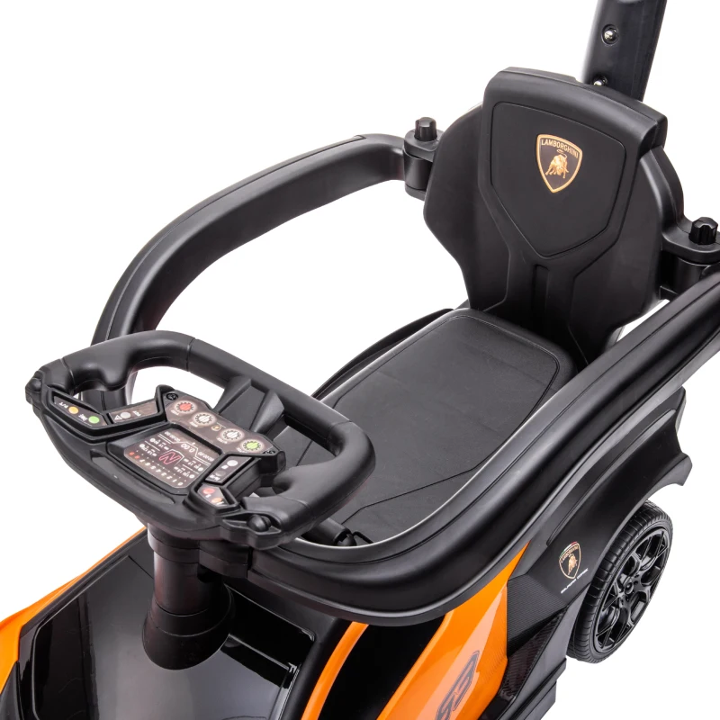 Aosom 2-in-1 Ride On Push Car for Toddlers 1-3, Licensed Lamborghini Stroller Sliding Car, Push-Along with Under Seat Storage Horn Engine Sound and Steering Wheel, Manual, Orange