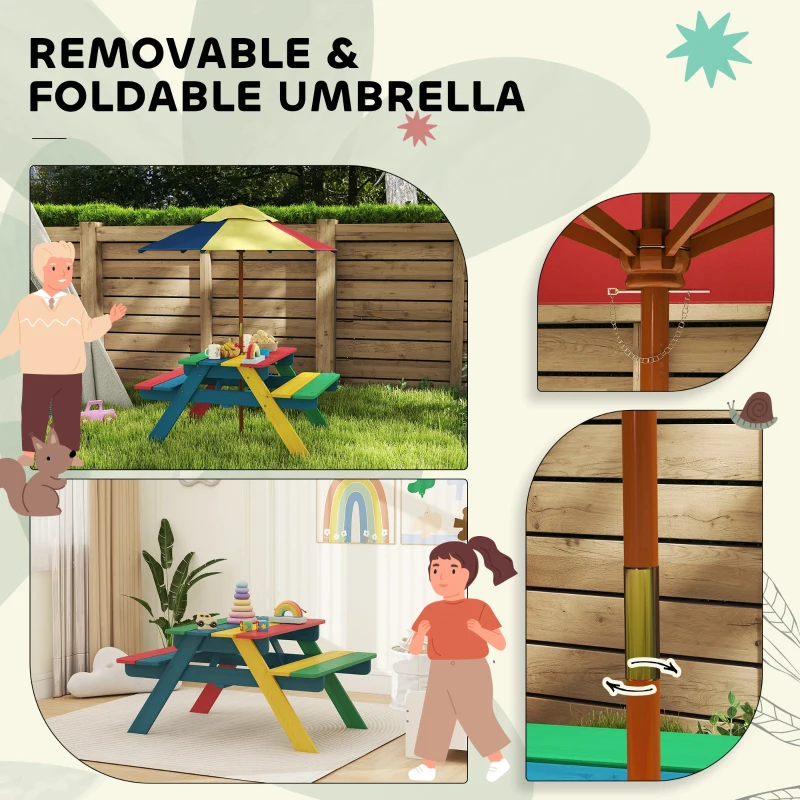 Outsunny Wooden Kids Picnic Table Bench Set with Removable Umbrella for Backyard, Garden, 3-6 Years Old