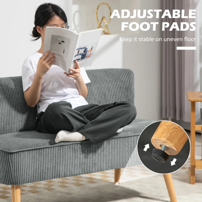 HOMCOM Modern 2 Seater Sofa, Upholstered Two Seater Couch with Rubber Wood Legs, Grey