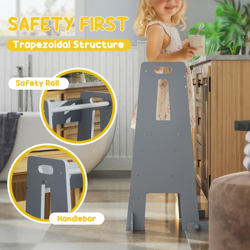 Qaba Height Adjustable Toddler Tower w/ Safety Rail, Handlbar, for Bathroom, Kitchen, Gray