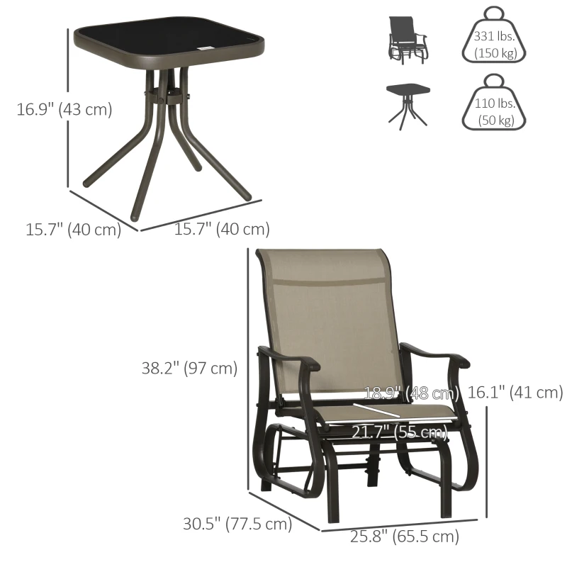 Outsunny 3PCs Gliding Rocking Chair & Bistro Tea Table Set, Grey