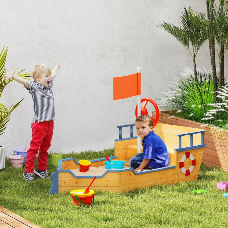 Outsunny Kids Wooden Sandbox Pirate Ship Sandboat Outdoor Backyard Playset Children Sandpit w/ Bench Seat Storage Space & Flag for 3-6 Years Old