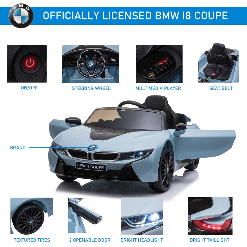 Aosom Licensed BMW I8 Coupe 6V Electric Car, Kids Ride-On Car, Battery Powered Toy with Remote Control Music Horn Lights Suspension for 37-96months Old, Blue(m-5)