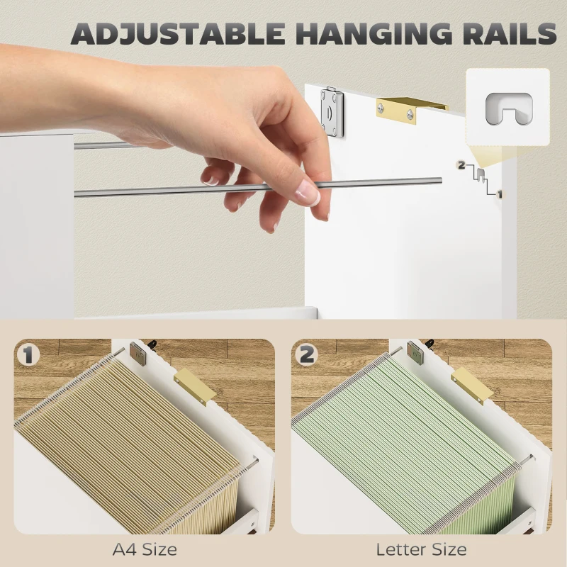 HOMCOM Lockable Filing Cabinet with 4 Fluted Drawers, File Cabinet with Adjustable Hanging Rails for A4 Letter Files, White