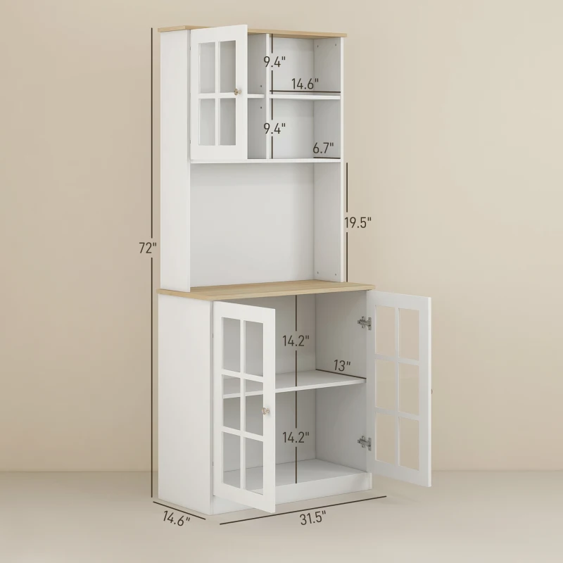 HOMCOM Kitchen Pantry Cabinet, 72" Freestanding Storage Cabinet with Hutch, Large Countertop, Glass Doors and Adjustable Shelves, Microwave Cabinet, Coffee Bar Cabinet for Dining Room, White