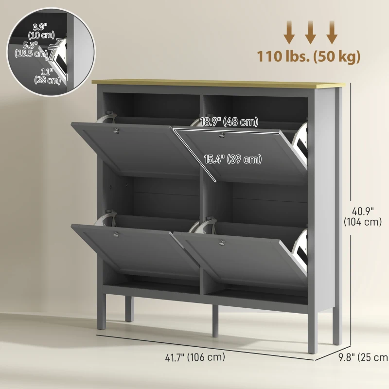 HOMCOM Entryway Shoe Storage Cabinet with 4 Flip Drawers, Adjustable Shelves, Narrow Shoe Cabinet for 20 Pairs of Shoes, Grey