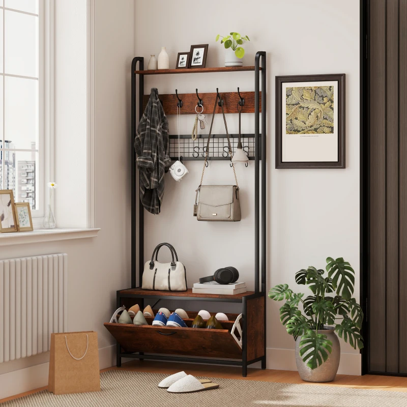 HOMCOM 5-In-1 Coat Rack Shoe Bench, Hall Tree with Bench, Shoe Cabinet, 10 Hooks for Hallway, Mud Room, Rustic Brown