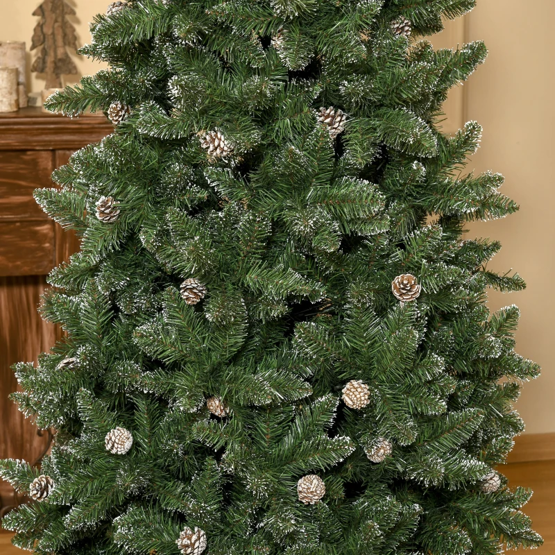 HOMCOM 7.5ft Artificial Christmas Tree, Flocked Christmas Tree with Pine Cones, 1119 Branch Tips and Metal Base, Green