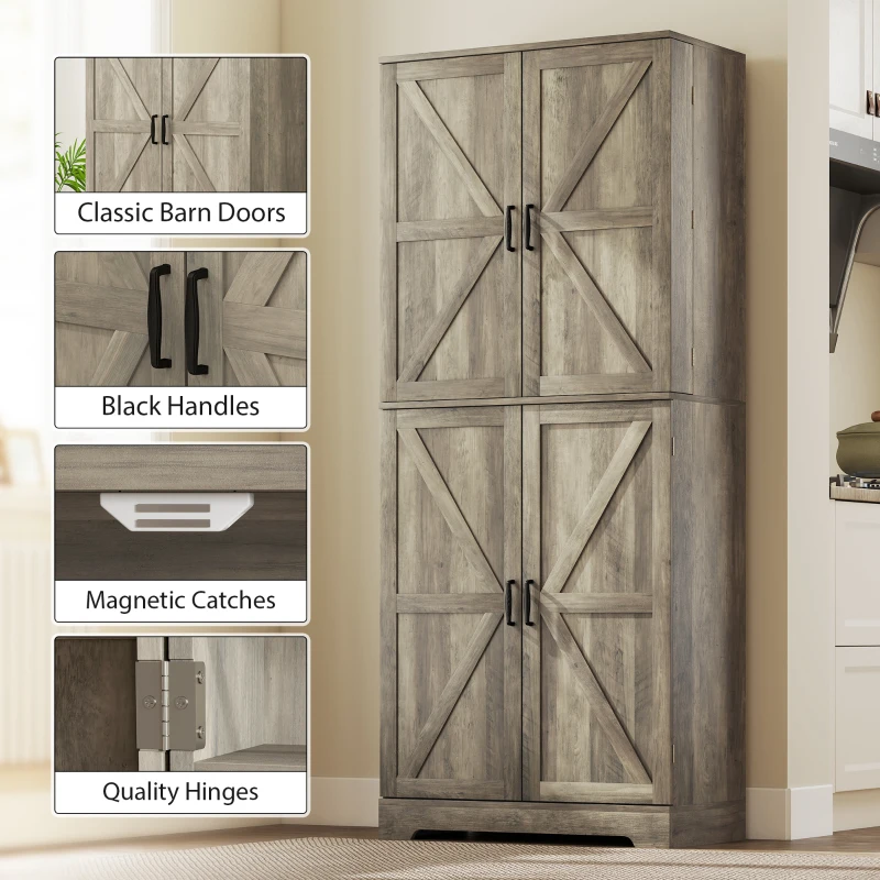 HOMCOM Farmhouse Kitchen Pantry, 72" Tall Pantry Cabinet with 4 Barn Doors, 4 Adjustable Shelves and 8 Door Shelves, Gray Wash