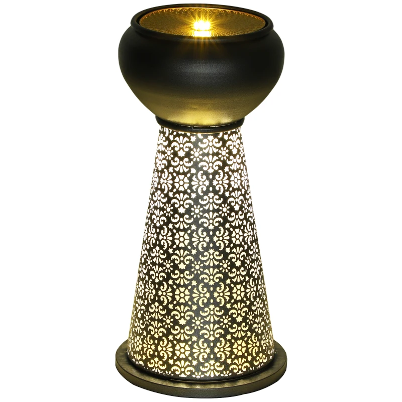 Outsunny 28" Tall Outdoor Water Fountain with LED Lights, Bowl Garden Waterfall Fountain with Adjustable Flow, Outdoor Water Feature with Cut-out Floral Base, Dark Grey and Yellow