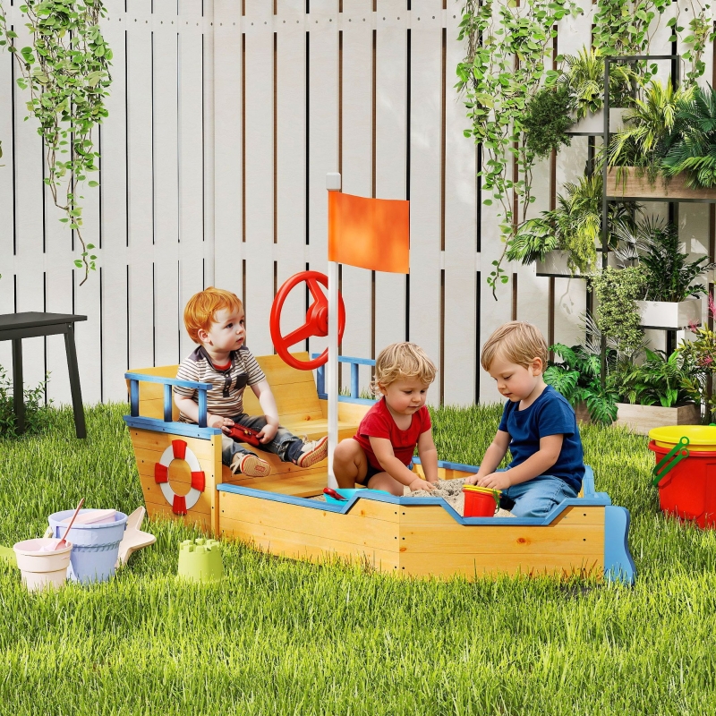 Outsunny Kids Wooden Sandbox Pirate Ship Sandboat Outdoor Backyard Playset Children Sandpit w/ Bench Seat Storage Space & Flag for 3-6 Years Old