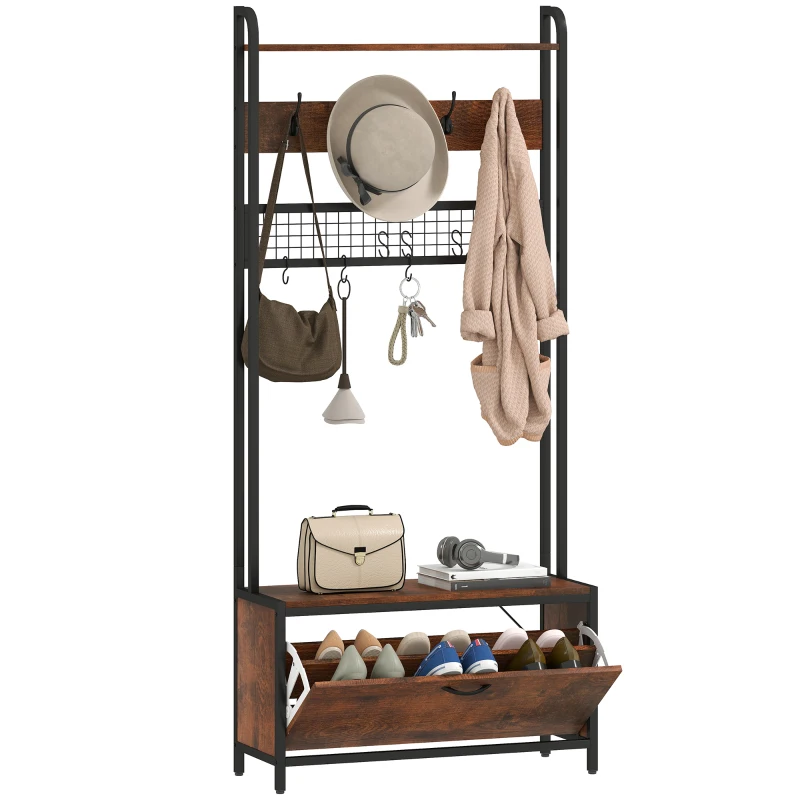 HOMCOM 5-In-1 Coat Rack Shoe Bench, Hall Tree with Bench, Shoe Cabinet, 10 Hooks for Hallway, Mud Room, Rustic Brown