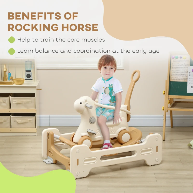 Qaba 5 in 1 Kids Rocking Horse with Detachable Base, Safety Guardrails, Footrests, Push Handle for Ages 1-6, Brown