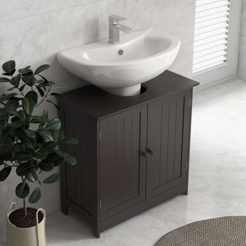 HOMCOM Bathroom Vanity Cabinet, Under Sink Bathroom Cabinet with 2 Doors and Adjustable Shelf, Coffee