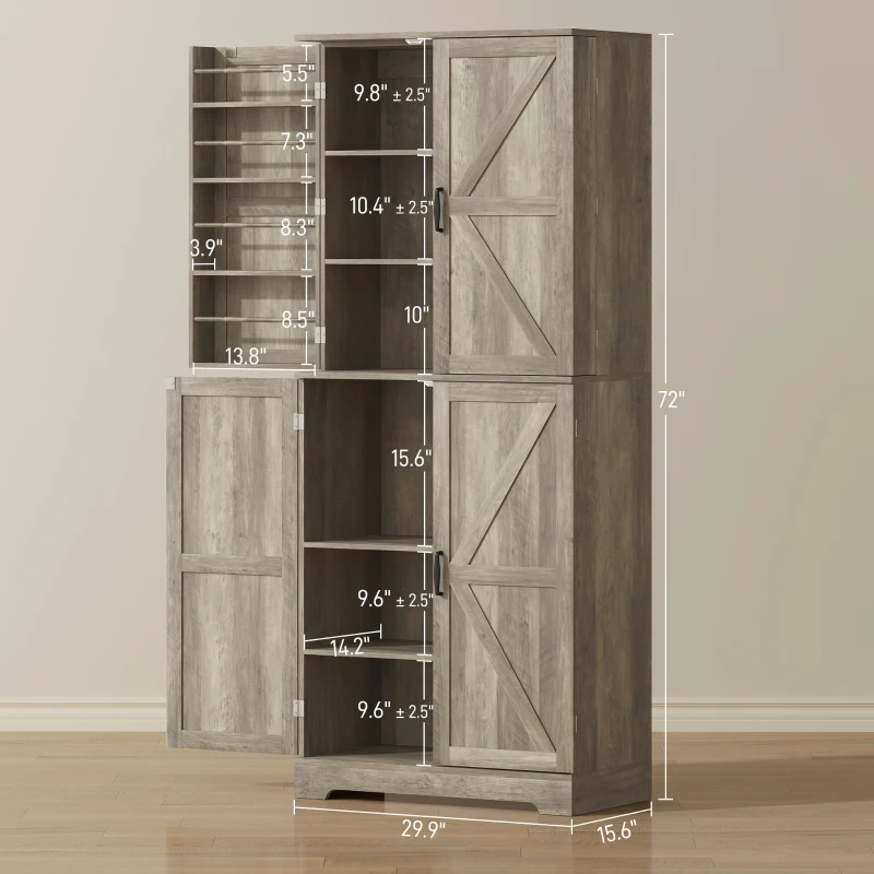 HOMCOM Farmhouse Kitchen Pantry, 72" Tall Pantry Cabinet with 4 Barn Doors, 4 Adjustable Shelves and 8 Door Shelves, Gray Wash