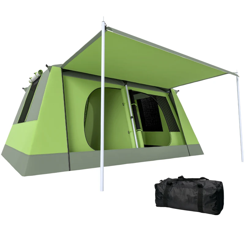 Outsunny Tunnel Tent Camping Shelter w/ Porch, Two Rooms, Lamp Hook, Portable Carry Bag, Green