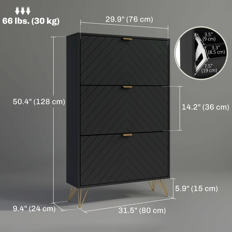 HOMCOM Modern Shoe Storage Cabinet with 3 Flip Drawers for 18 Pairs, Narrow Shoe Organizer for Entryway, Hallway, Black