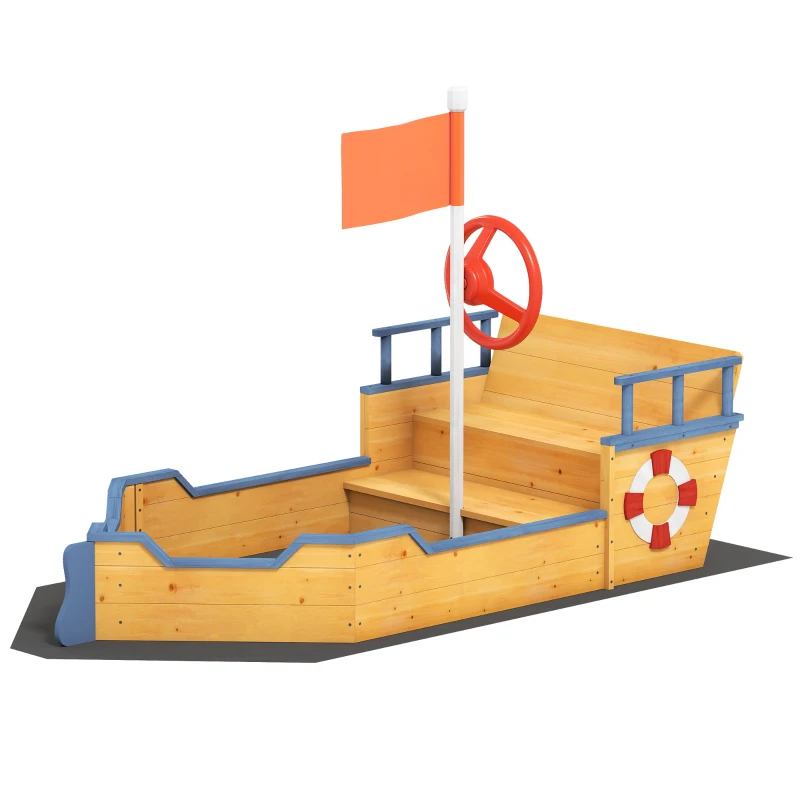 Outsunny Kids Wooden Sandbox Pirate Ship Sandboat Outdoor Backyard Playset Children Sandpit w/ Bench Seat Storage Space & Flag for 3-6 Years Old