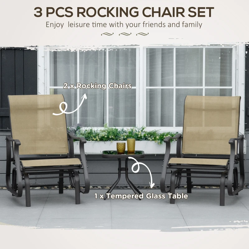Outsunny 3PCs Gliding Rocking Chair & Bistro Tea Table Set, Grey