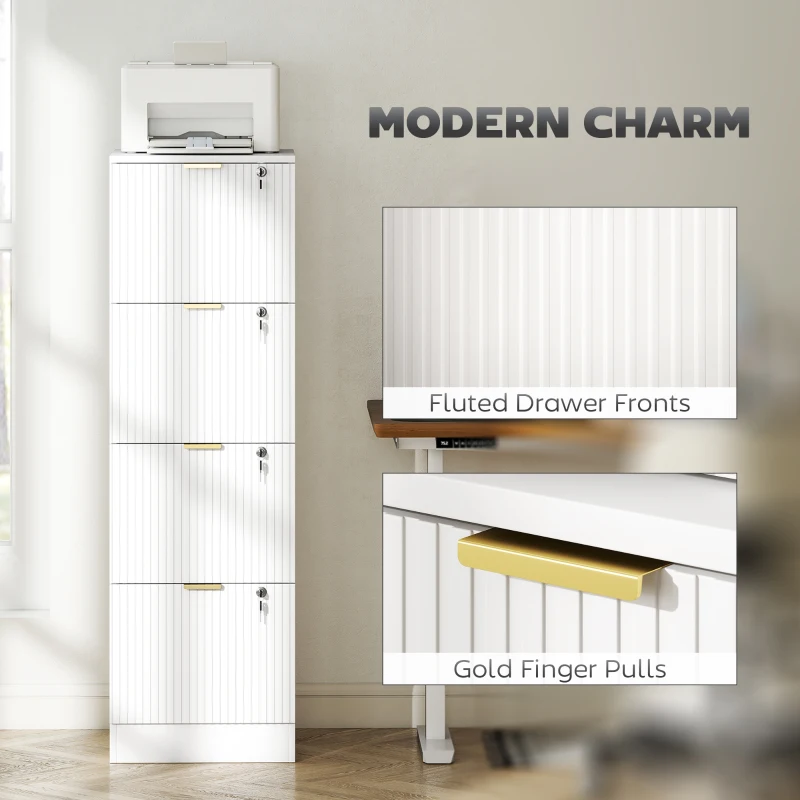 HOMCOM Lockable Filing Cabinet with 4 Fluted Drawers, File Cabinet with Adjustable Hanging Rails for A4 Letter Files, White