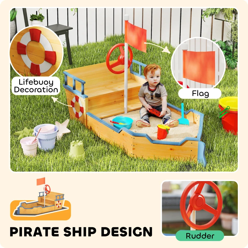 Outsunny Kids Wooden Sandbox Pirate Ship Sandboat Outdoor Backyard Playset Children Sandpit w/ Bench Seat Storage Space & Flag for 3-6 Years Old