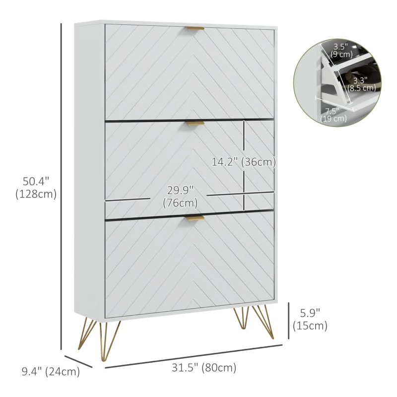 HOMCOM Modern Shoe Storage Cabinet with 3 Flip Drawers for 18 Pairs, Narrow Shoe Organizer for Entryway, Hallway, White
