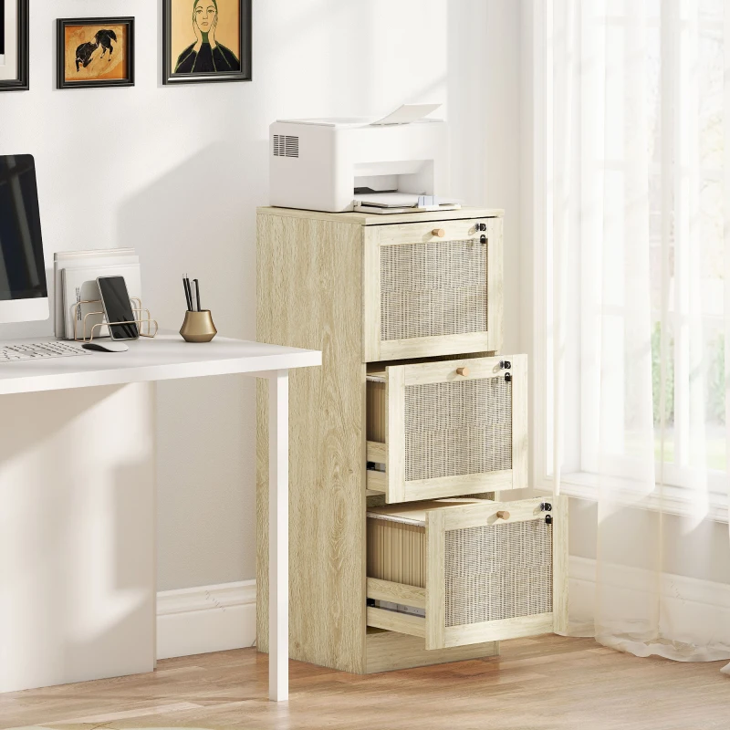 HOMCOM 3 Drawer Filing Cabinet with Lock, Boho File Cabinet for A4 Letter Size Files with Decorative Rattan Accents, Oak