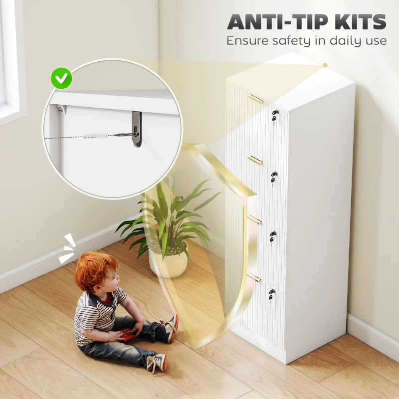 HOMCOM Lockable Filing Cabinet with 4 Fluted Drawers, File Cabinet with Adjustable Hanging Rails for A4 Letter Files, White