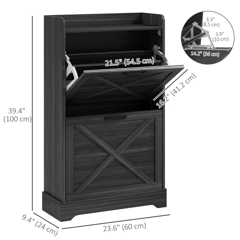 HOMCOM Slim Shoe Storage Cabinet, Farmhouse Shoe Cabinet with 2 Flip Drawers, Adjustable Shelves for 8 Pairs, Distressed Grey