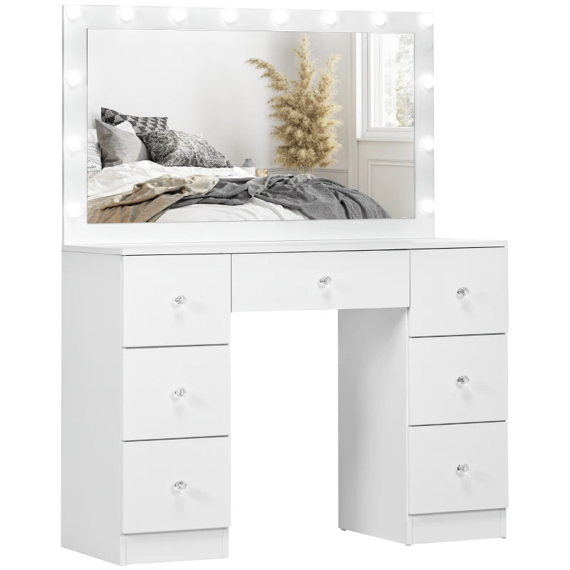 HOMCOM Makeup Vanity Table, Dressing Table with Mirror and Lights, Modern Makeup Table with 7 Drawers and 10 LED Lights, White