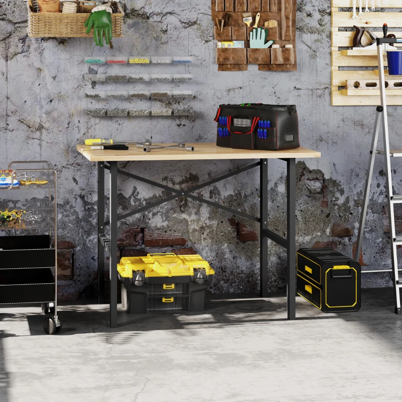 HOMCOM 46" Work bench Table Oak Wood Top, Heavy-Duty Steel Work Table High Stability Workstation, Natural Wood