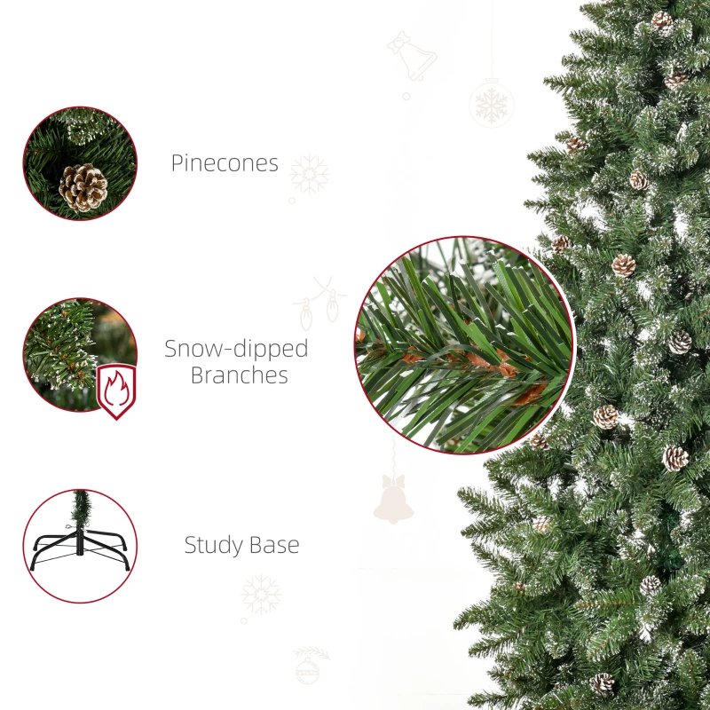 HOMCOM 7.5ft Artificial Christmas Tree, Flocked Christmas Tree with Pine Cones, 1119 Branch Tips and Metal Base, Green