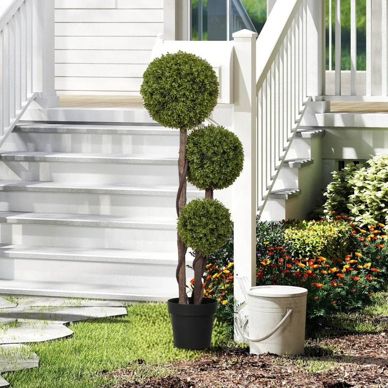 HOMCOM 4FT Potted Fake Plant, Artificial Boxwood Topiary Tree, Triple Ball Tree for Indoor and Outdoor, Green