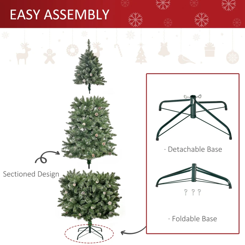 HOMCOM 7.5ft Artificial Christmas Tree, Flocked Christmas Tree with Pine Cones, 1119 Branch Tips and Metal Base, Green