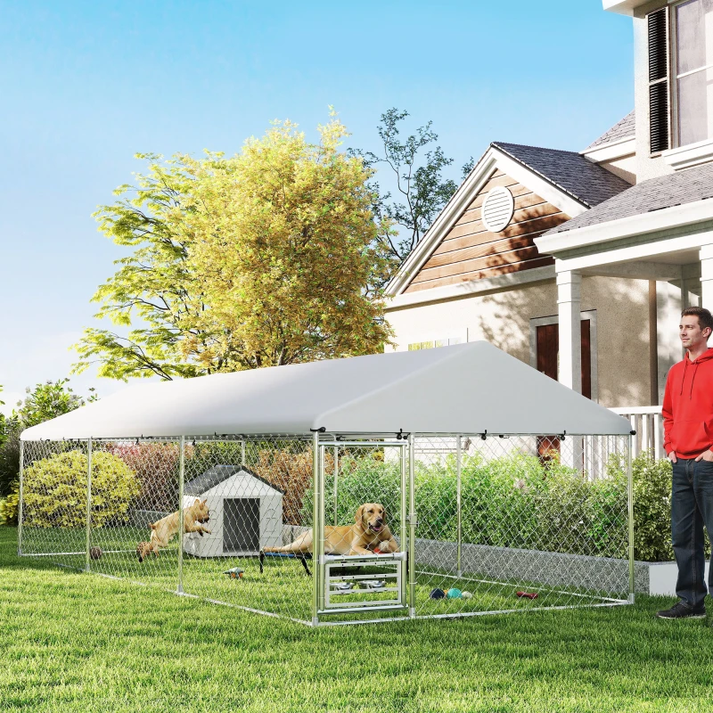 PawHut Outdoor Dog Run w/ Adjustable & Rotating Bowls, Waterproof UV-Resistant Cover, Secure Lock, 19.7' x 7.5' x 5.2'