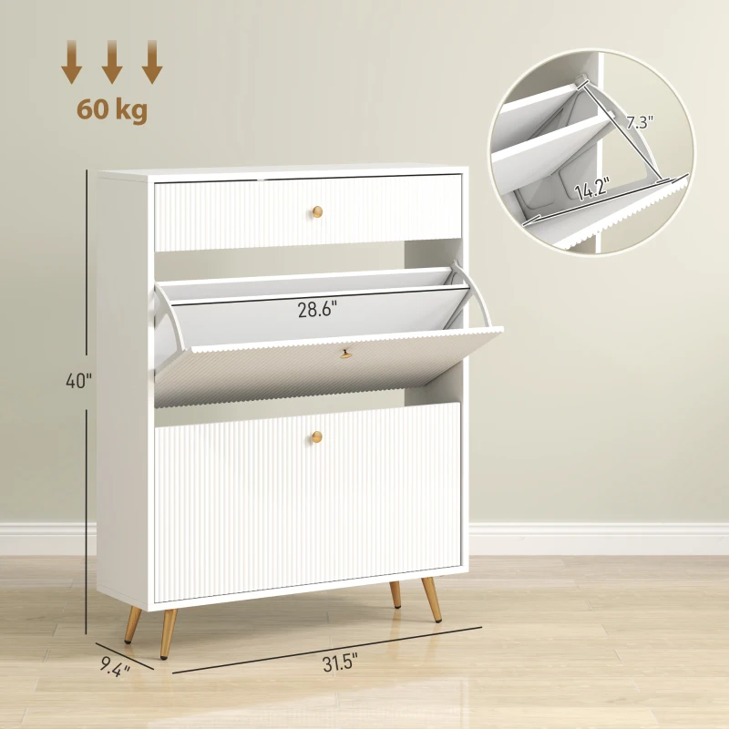 HOMCOM Narrow Shoe Storage Cabinet with Wave-like Panels and Adjustable Shelves for 12 Pairs of Shoes, White