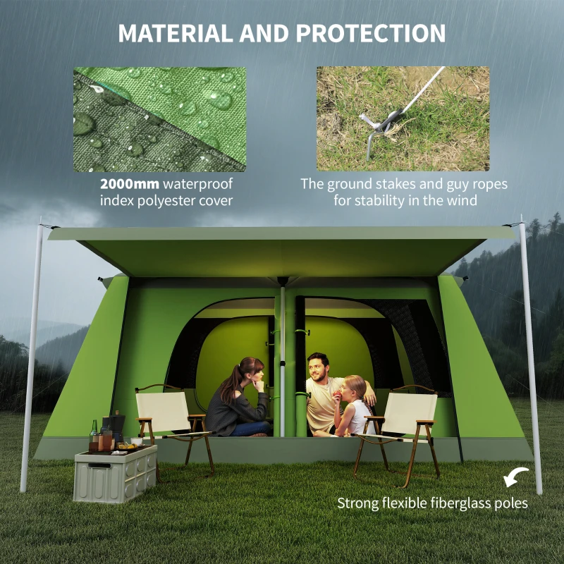 Outsunny Tunnel Tent Camping Shelter w/ Porch, Two Rooms, Lamp Hook, Portable Carry Bag, Green